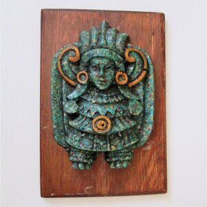 Vintage Mayan Crushed Stone Figure Plaque 4 x 6 El Arte Azteca -Small Flaws-